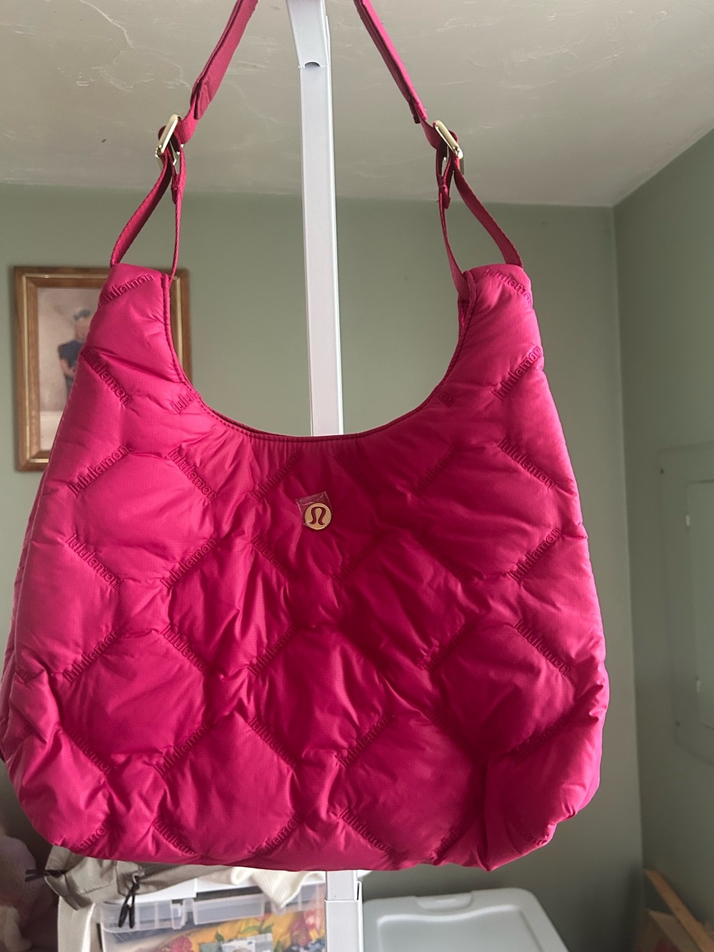 Lululemon Quilty Pleasures Mini Shoulder Bag in Berry Rumble with gold hardware